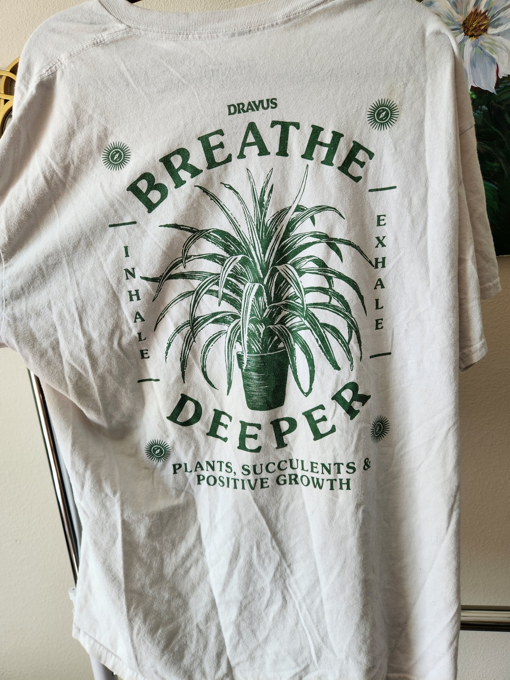 Breathe Deeper White T-Shirt with Green Plant Graphic - Picture 1 of 2